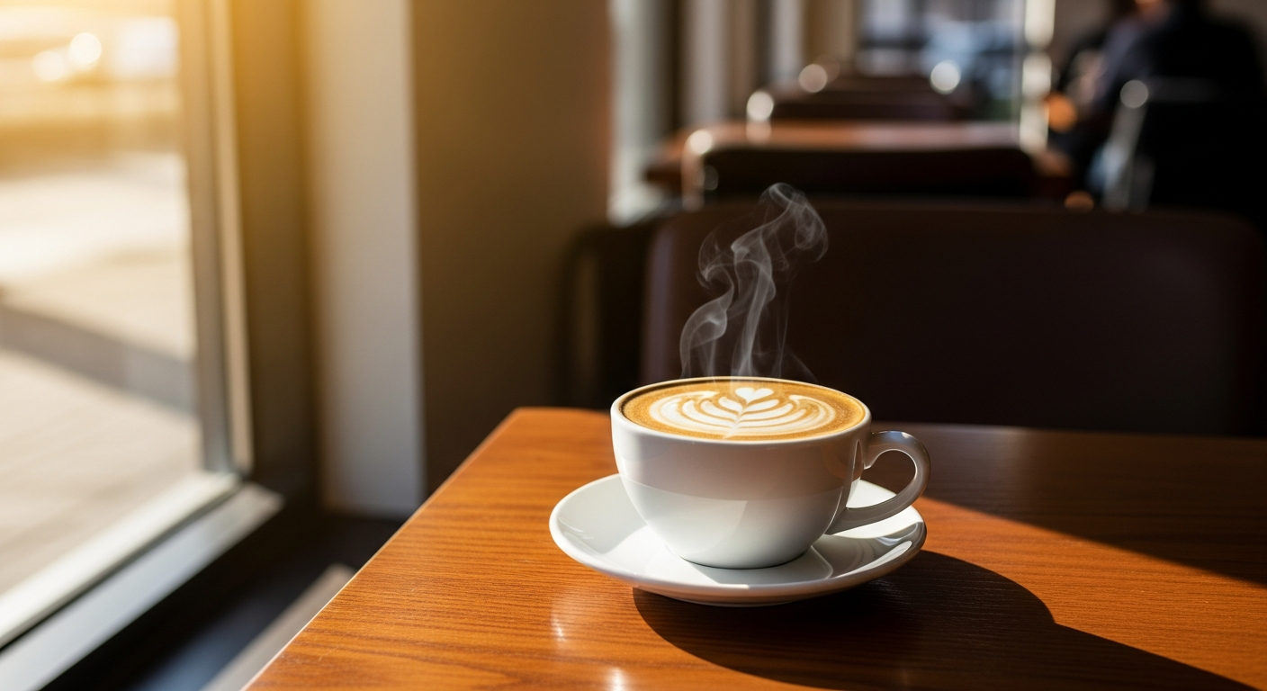 湯気立つラテアートコーヒー