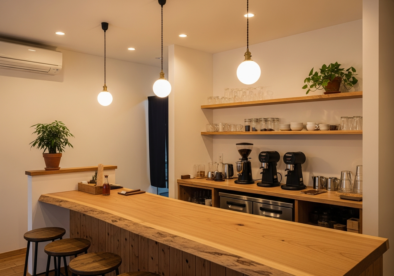 木のカウンターと温かい照明のカフェ内装