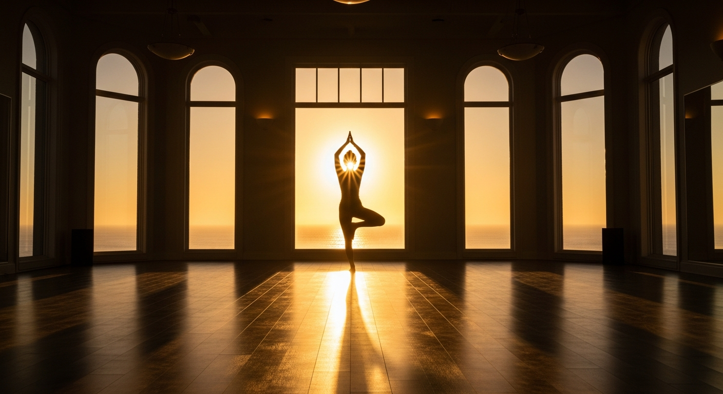 朝日の中でヨガポーズをとるシルエット