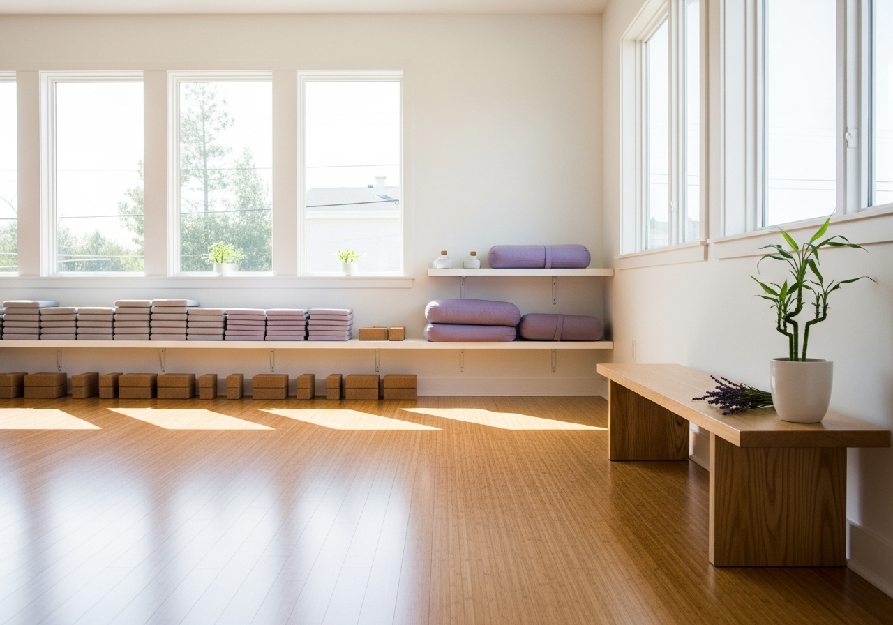 自然光が入る静かなヨガスタジオ