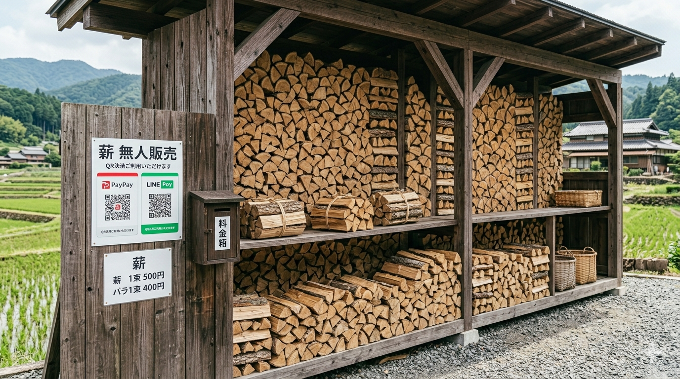 mAKIBoの薪無人販売所。QR決済対応の看板と整然と並んだ広葉樹の薪