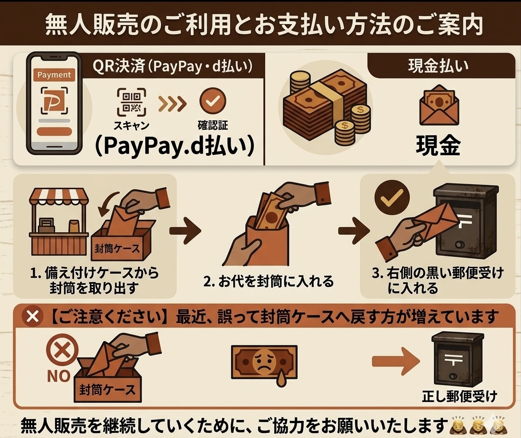 無人販売のご利用とお支払い方法のご案内 — QR決済（PayPay・d払い）または現金払い