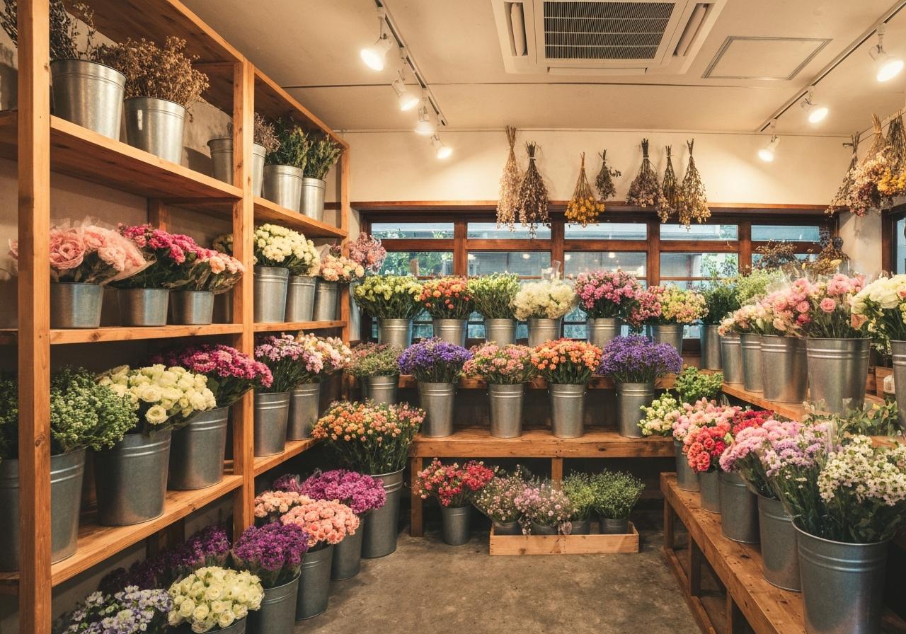 花に囲まれた小さな花屋の店内