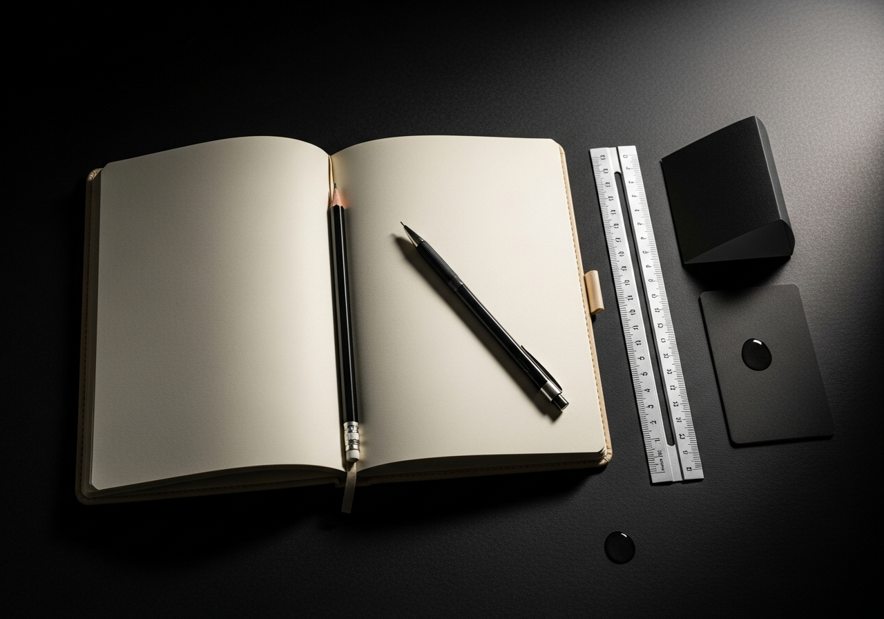 日付と数値が密に書き込まれた30日計画書。黒のクリップボード、クリムゾングリップの鉛筆。コミット文書のような俯瞰写真。